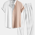 Two Tone Muscle Fit Ribbed Stand Collar Shirt & Straight Leg Ribbed Pants