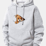 Zipper Bear Print Drawstring Hoodie