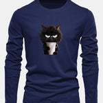 Long Sleeve Black Cat Drinking Coffee Print Cotton T-Shirt