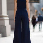 Navy Halter Neck Tailored Wide-Leg Jumpsuit