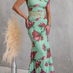 Asymmetrical Shoulder Lace Splice Floral Print Maxi Dress