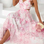 V Neck Sleeveless Cut Out Waist Floral Print Ruffle Maxi Dress
