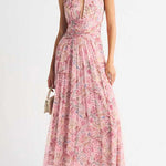 Halter V Neck Floral Print Maxi Dress