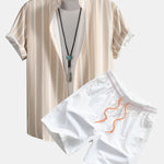 Striped Button Up Stand Collar Shirt & Man Mid Length Drawstring Swim Shorts