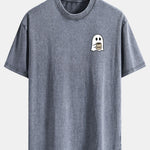Ghost Drinking Coffee Print Washed Distressed Drop Shoulder T-Shirt