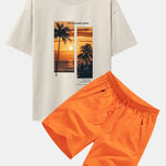 Palm Trees Landscape Slogan Print Oversize T-Shirt & Swim Shorts