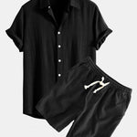 Linen Rayon Blend Button Up Shirt & Linen Cotton Blend Drawstring Shorts