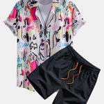 Graffiti Print Button Up Shirt & Swim Shorts