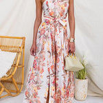 Strapless Bow Waist Floral Print Slit Wide Leg Jumpsuit