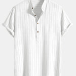 Linen Blend Striped Henley Collar Shirt & Linen Cotton Blend 11" Shorts