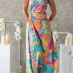 One Shoulder Cut Out Waist Pleated Maxi Print Dress