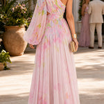 One Shoulder Puff Long Sleeve Cut Out Waist Printed Maxi Dress