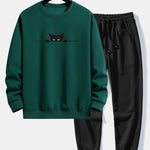 Black Cat Print Relax Fit Sweatshirt & Jogging Pants