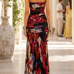 Strapless Abstract Floral Print Chiffon Maxi Dress