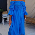 Off Shoulder Bell Sleeves Frilled Waist Swing Maxi Dress