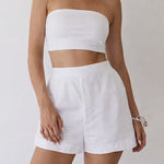 Minimalist Strapless Bandeau Top & High Waist Linen Shorts Set