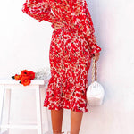 Margovil V Neck Long Sleeves Dress Printed Mermaid Midi Dress