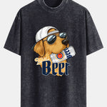 Beer Dog Print Washed Distressed Drop Shoulder T-Shirt