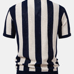 Striped Eyelet Knit Zip Up Polo Shirt & Straight Leg Linen Pants