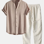 V Neck Linen Rayon Blend Shirt & Straight Leg Linen Pants