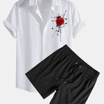 Splash Rose Print Linen Look Cotton Button Up Shirt & Swim Shorts