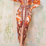Margovil V Neck Long Sleeves Ruched Slit Printed Midi Dress