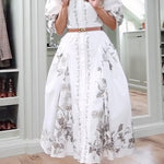Stand Collar Puff Sleeves Printed Swing Midi Shirt Dress