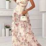 Strapless Floral Print Ruffle Layered Maxi Dress