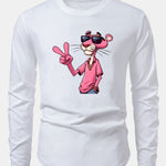 Pink Panther With V Sign Print Cotton Arc Hem T-Shirt