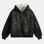 Boxy Faux Fur Collar Washed Denim Hooded Jacket
