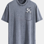 Pocket Bat Ghost Print Washed Distressed Drop Shoulder T-Shirt