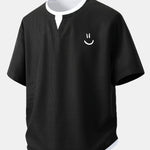 Relax Fit Smiley Face Print 2 In 1 Notched Collar Waffle T-Shirt