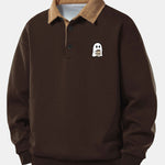 Relax Fit Ghost Drinking Coffee Print Contrast Corduroy Polo Collar Sweatshirt