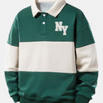 Relax Fit NY Print Color Block Polo Collar Sweatshirt