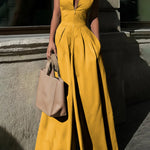 High Waisted Loose Pockets Solid Color Zipper V-Neck Jumpsuits