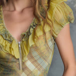 Boho Vintage Ruffled Zip-Front Sheer Top In Soft Moss Green