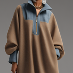 Women's Brown Double-Sided Brushing and Blue Denim Stand Collar Loose-Fitting Long Dress