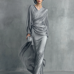 Women's Premium Grey Acetate Double-sided Satin Knot Detail Evening Dress