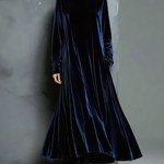 Women's Elegant Navy Blue Velvet High-neck Long-sleeved Loose-fitting Maxi Dress