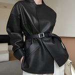 Long Sleeves Loose Belted Solid Color Stand Collar Jackets Outerwear