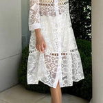 Solid Color Hollow Lace Lapel Button Long Shirt