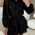Unique Lace Texture Fabric Balloon Sleeve Blouse and Elastic Waist Layered Skirt Set