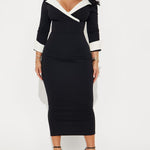 Bodycon Three-Quarter Sleeves Contrast Color Split-Side Notched Collar Blazer Midi Dresses