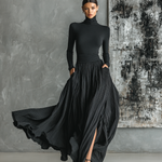 Women's Fashion All Black Skinny Turtleneck T-shirt Pleated Skirt Set