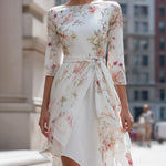 Floral Chiffon Asymmetrical Midi Dress With Waist Tie