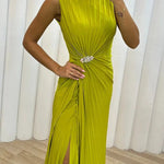 Pretty Special Pleated Embellished Slit Evening Maxi Dress