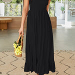 Summer Boho Spaghetti Strap Square Neck Solid Color Ruffle A Line Beach Long Maxi Dress
