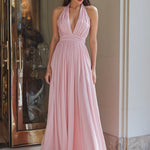Blush Pink Halter Plunge Pleated Chiffon Maxi Dress