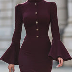 Bodycon Flared Sleeves Buttoned Solid Color High Neck Midi Dresses