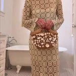 Summer Fashion Floral Crochet Cutout Fabric Long Sleeve Slit Vacation Midi Dress